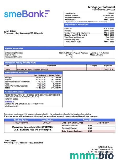 Litwa UAB SME Bank wyciąg z kredytu hipotecznego szablon Word i PDF